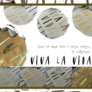 Könnte beinhalten: Eine Sammlung von Stoffbahnen mit dem Schriftzug "VIVA LA VIDA", der in verschiedenen Stilen und Farben gestickt ist. Die Bahnen bestehen aus natürlichem Leinen und zeigen verschiedene Sticktechniken.