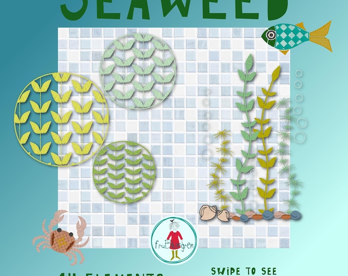 Seaweed Elements Machine Embroidery Designs, Ocean Plants, Bubbles, Shell, Crab & Fish, Digital Embroidery Files