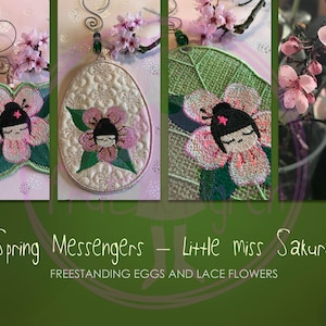 Könnte beinhalten: Drei gestickte Ornamente mit einem Mädchen mit einem Stern auf dem Kopf in einer rosa Blume. Die Ornamente sind ein freistehendes Ei, eine Blume und ein Blatt. Der Text "Spring Messengers - Little miss Sakura" und "Freestanding Eggs and Lace Flowers" befindet sich unter den Ornamenten.