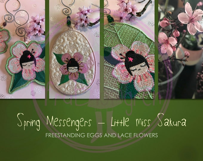 New, Freestanding Eggs and Lace Flowers with my Miss SAKURA, 4 designs and in more languages: 1 quilted egg, 1 lace egg and 2 lace flowers