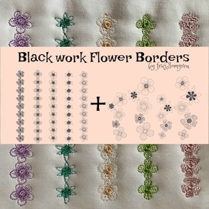 May include: Image features embroidered flower borders in purple, green, yellow, and pink. The text "Black work Flower Borders" is displayed above a collection of floral line drawings. The design is by friggblomgren.