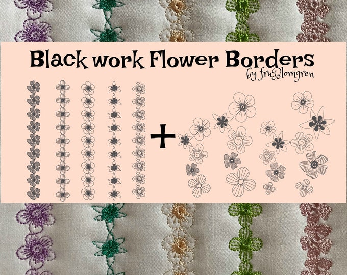 Fine and delicate hand drawn Machine Embroidery Flower Borders - 5 continuous flower borders and 2 with diff. flowers in 2 sizes, 9 in total
