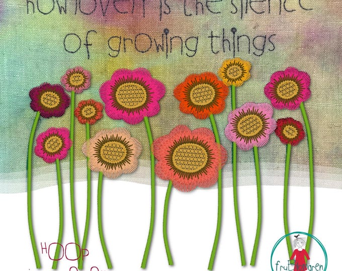 Colourful Flower Field – motif with 12 beautiful flowers blooming | Single Treasure Machine Embroidery Design | 8x8 Hoop | Hand drawn