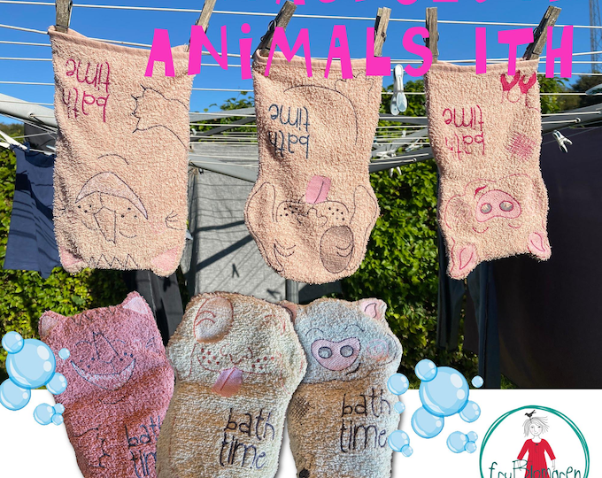 6 Easy and Fast ITH Washcloths: Happy Cat, Cute Piglet & Kind Dog in 2 Sizes - hoop size 6x9" + 7x11", great DIY gifts for a happy bath-time