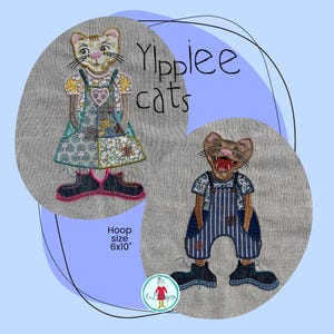 Könnte beinhalten: Gestickte Katzendesigns mit dem Text "Yippee cats". Eine Katze trägt ein Patchwork-Kleid und die andere eine blau gestreifte Latzhose. Die Reifengröße beträgt 15,24 x 25,4 cm.