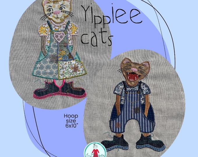 Cat Appliqué Machine Embroidery Designs, Hand Drawn Whimsical Fabric Cats, 6x10" Hoop