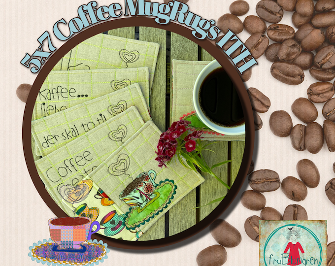 5x7" ITH Coasters and MugRugs - Machine Embroidery - with Sketchy, hand drawn appliqué cup - motifs, blanks and the sketchy cup