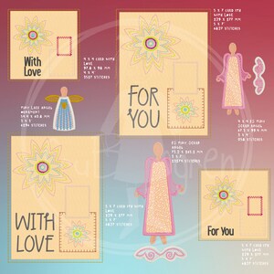 Puede incluir: Un conjunto de dise&ntilde;os de bordado que representan &aacute;ngeles, flores y tarjetas con el texto "With Love" y "For You". Los dise&ntilde;os son de varios colores, incluyendo rosa, azul, amarillo y verde.
