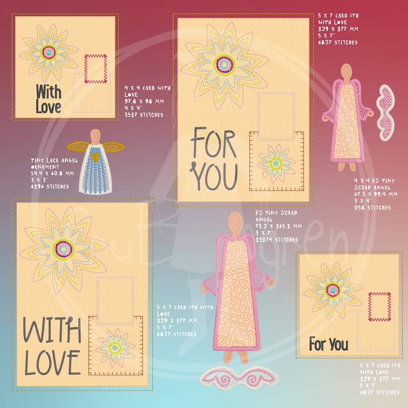 Puede incluir: Un conjunto de dise&ntilde;os de bordado que representan &aacute;ngeles, flores y tarjetas con el texto "With Love" y "For You". Los dise&ntilde;os son de varios colores, incluyendo rosa, azul, amarillo y verde.