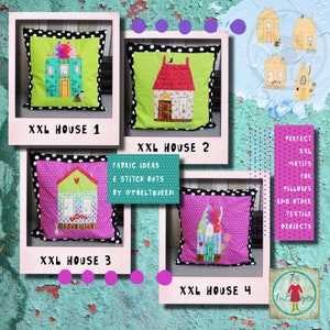 Pode incluir: Quatro designs de almofadas coloridos com casas com diferentes padrões e cores. As almofadas são todas de tamanho XXL e têm um fundo de bolinhas pretas e brancas. O texto "FABRIC IDEAS & STITCH OUTS BY @TOELTQUEEN" está no centro da imagem.