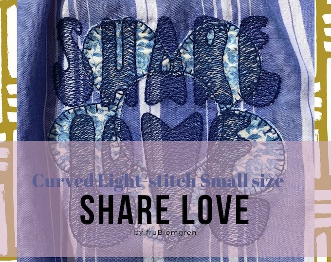 4 Small Machine Embroidery Designs - 10 x 10 cm: Curved Light-stitch in a Hippie font, 2 with applique