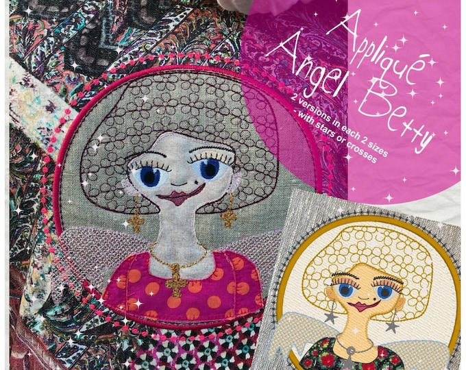 Appliqué Angel Betty, 4 Machine Embroidery Design with my angel Betty, 2 sizes/2 versions (stars/crosses), shiny wings and Flower Power hair