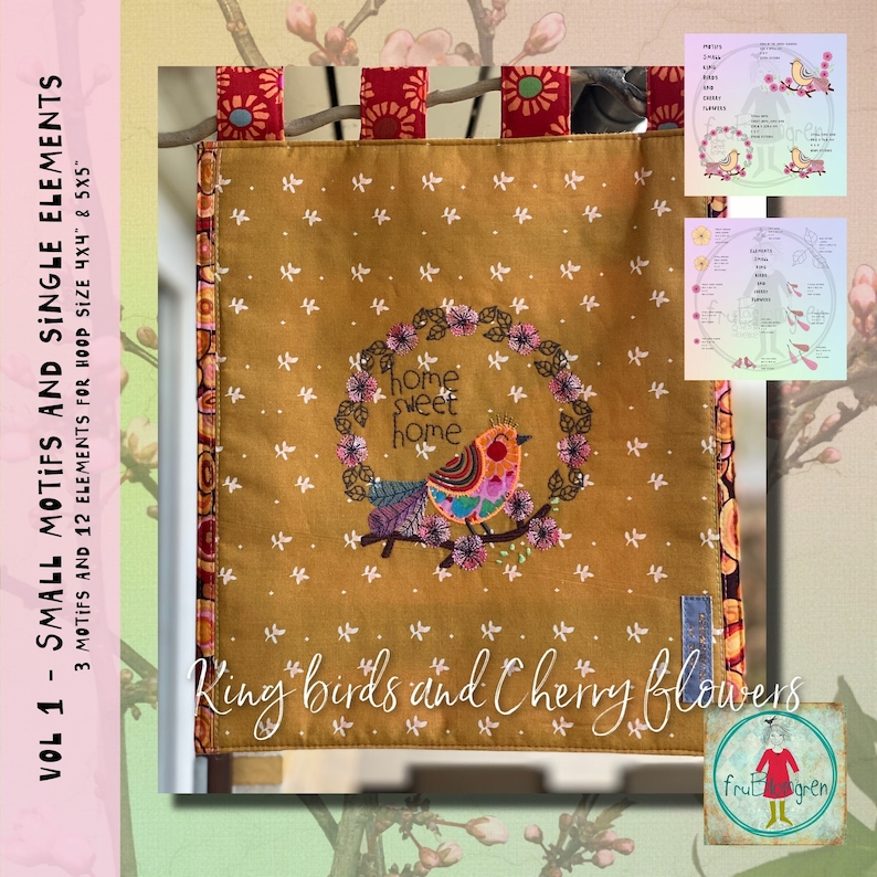 May include: A gold fabric panel with a white embroidered bird and cherry blossoms. The bird is surrounded by a wreath of cherry blossoms and the text "home sweet home". The panel is edged with red and orange fabric.