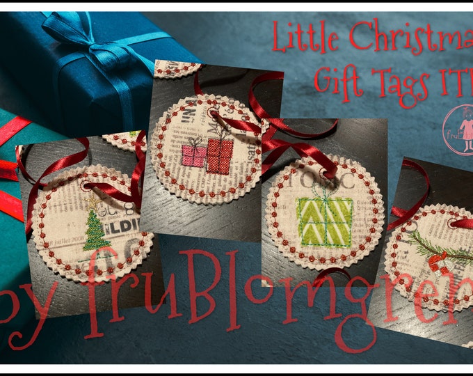 4 Hand drawn cute Christmas Cross Stitch Tags ITH for your embroidery machine - 7,5 x 7,5 cm - fast and easy stitched - tutorial included