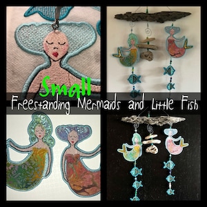 May include: A set of three small, freestanding mermaid and fish ornaments. The mermaids are embroidered with colorful details and the fish are made of beads. The ornaments are hanging from a piece of driftwood.