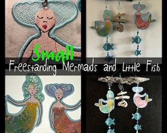Fabulous Freestanding Mermaids for the 5 x 7" hoop - 13 x 18cm - 2 different Mermaids + 3 Little round Fish for making cute summer Mobiles