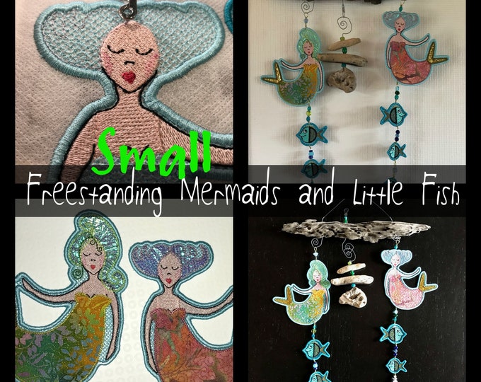 Fabulous Freestanding Mermaids for the 5 x 7" hoop - 13 x 18cm - 2 different Mermaids + 3 Little round Fish for making cute summer Mobiles