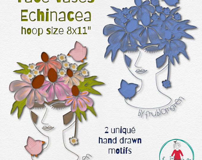 FruBlomgren Meadow Vol. 2 | Face Vases Echinacea | Artistic Floral Embroidery | 8x11 Hoop | Machine Embroidery