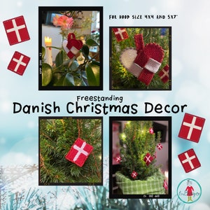 Könnte beinhalten: Vier Bilder, die einen roten und weißen dänischen Weihnachtsbaumschmuck zeigen. Der Schmuck ist ein freistehendes Design und kann in einem 4x4 oder 5x7 Zoll großen Reifen hergestellt werden. Der Schmuck ist auf einem Weihnachtsbaum und auf einem Tisch mit einer Kerze zu sehen.