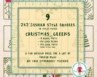 2x2” Christmas Sashiko Style Squares – GREENS – Hand drawn Machine Embroidery Designs – 2 ITH Cards Included
