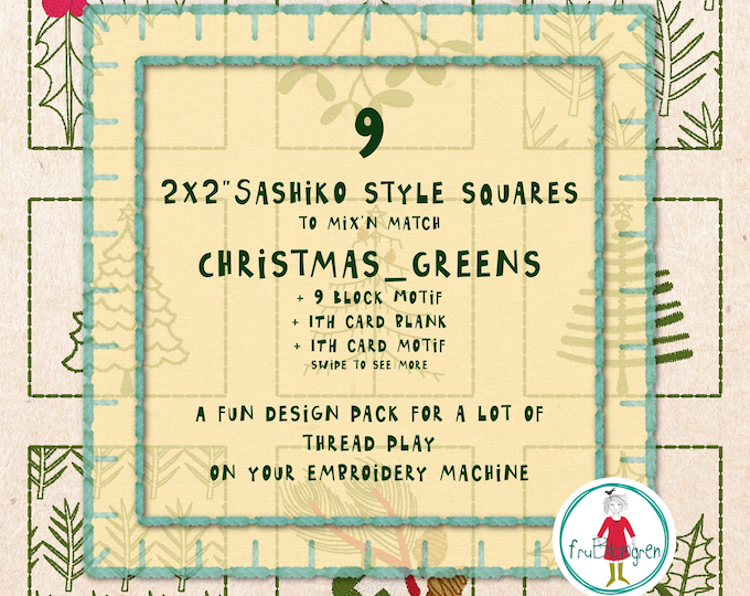 2x2” Christmas Sashiko Style Squares – GREENS – Hand drawn Machine Embroidery Designs – 2 ITH Cards Included