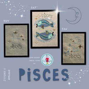 Znak zodiaku Ryby - ręcznie rysowane wzory do haftu maszynowego – na tamborek 5x7" – 3 motywy