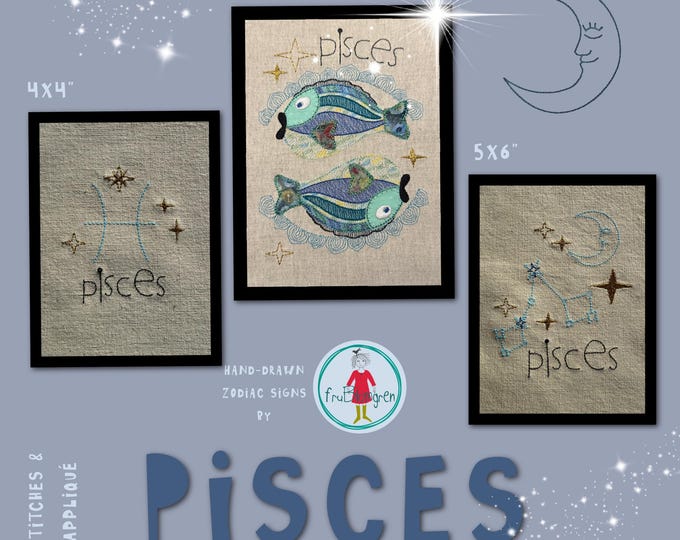 Pisces Zodiac Sign - Hand-drawn Machine Embroidery Designs – for Hoop 5x7" – 3 Motifs