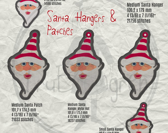 SANTA HANGERS and PATCHES, 5 cute, Freestanding Santa Machine embroidery designs, to hang on a branch... and Santa patches for everywhere