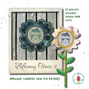 May include: Two embroidered flower patches featuring a central portrait of a person with braided hair. One patch is dark green and blue, the other is light pink and yellow with a green stem and leaves. Text reads Blooming Flower 2, 13 designs included.