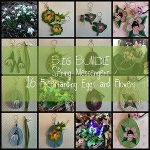 May include: A digital embroidery design bundle featuring 16 freestanding spring-themed eggs and flowers. The designs include a variety of flowers, eggs, and other spring-themed elements. The designs are perfect for adding a touch of spring to your home decor, clothing, or crafts.