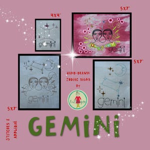 Znak zodiaku Bliźnięta - ręcznie rysowane wzory do haftu maszynowego - na tamborek 5x7" - 4 motywy
