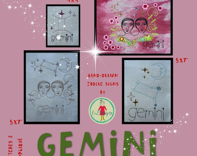 Gemini Zodiac Sign - Hand-drawn Machine Embroidery Designs – for Hoop 5x7" – 4 Motifs