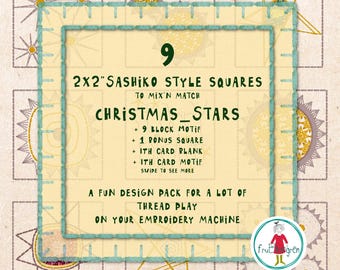 2x2” Christmas Sashiko Style Squares – STARS – Hand drawn Machine Embroidery Designs – 2 ITH Cards Included