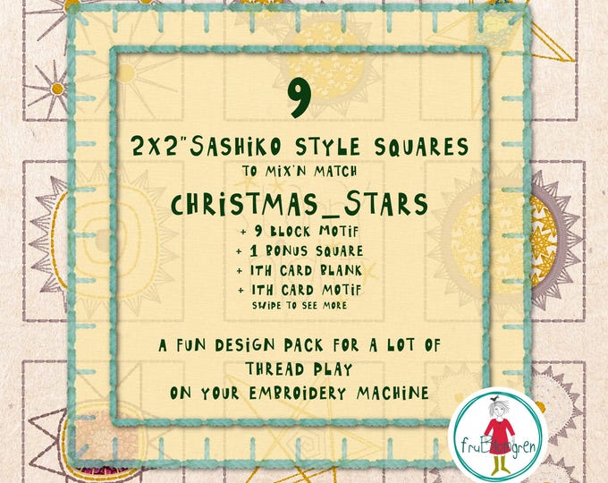 2x2” Christmas Sashiko Style Squares – STARS – Hand drawn Machine Embroidery Designs – 2 ITH Cards Included
