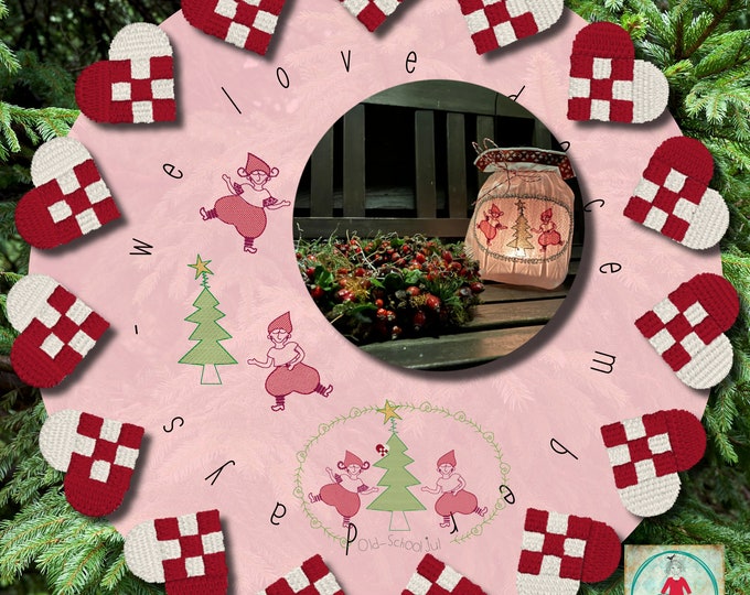 Christmas designs for your embroidery machine, December Days no. 12, Red and Green work designs with My Nisser (… elves) 'LIV’ and ‘FRED’