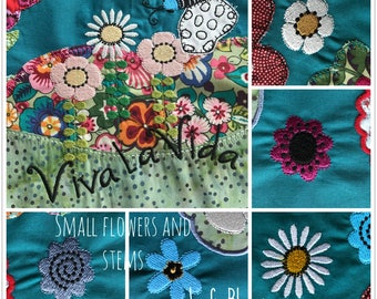 SMALL, CUTE and COLOURFUL Flowers, 5 different machine embroidery designs + 5 different stems and a large motif: My Garden - 11 designs