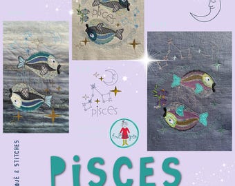 Pisces Zodiac - Hand-drawn Machine Embroidery Designs – a mix of embroidery and appliqué - Large, detailed motifs - 3 Hoop Sizes