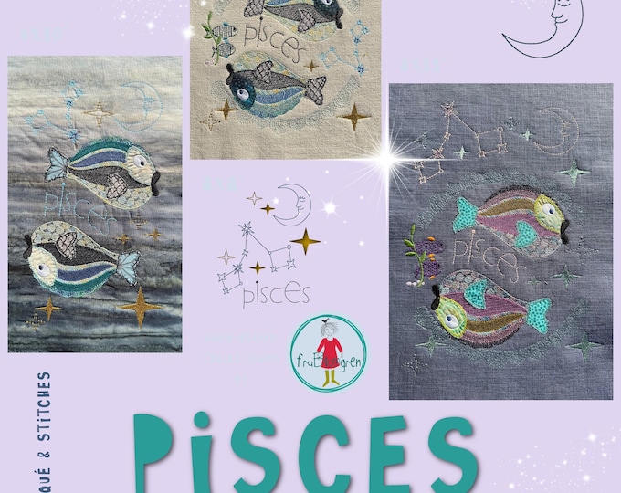 Pisces Zodiac - Hand-drawn Machine Embroidery Designs – a mix of embroidery and appliqué - Large, detailed motifs - 3 Hoop Sizes