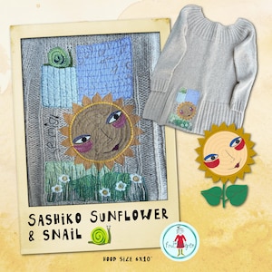Può includere: Un maglione in maglia grigio chiaro con una toppa decorativa raffigurante un volto di girasole ricamato, una lumaca verde e quadrati di tessuto blu. Il design include il testo "SASHIKO SUNFLOWER & SNAIL" e "HOOP SIZE 6X10" con un girasole separato.