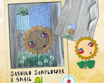 Sashiko Sunflower and Snail Machine Embroidery Design | Sunshine Appliqué, Sashiko Squares, Visible Mending | 6x10
