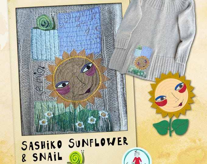 Sashiko Sunflower and Snail Machine Embroidery Design | Sunshine Appliqué, Sashiko Squares, Visible Mending | 6x10