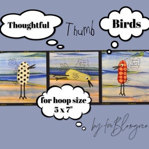 May include: Three digital embroidery designs featuring birds with thought bubbles. The designs are for a 5x7 inch hoop size. The first bird is black and white with polka dots and a heart in its thought bubble. The second bird is yellow with a thought bubble that says "You are my one and only". The third bird is red with white polka dots and a thought bubble that says "You are my one and only".