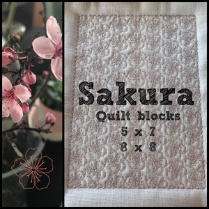 May include: A white fabric quilt block with a textured surface. The block is labeled "Sakura Quilt blocks 5 x 7 8 x 8".