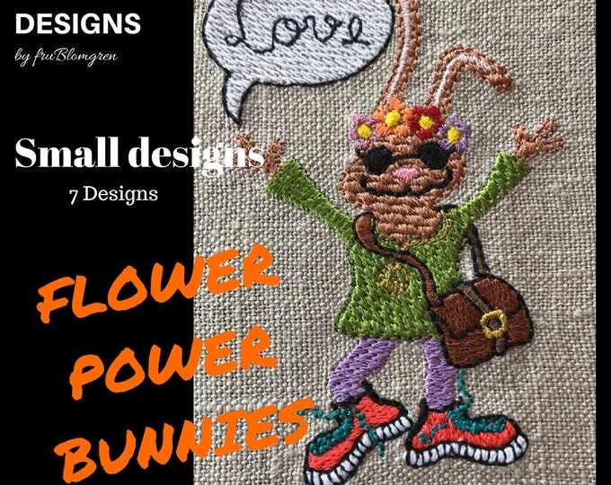 7 Small Flower Power BUNNY Machine Embroidery designs - All fit the 4 x 4" (10 x 10 cm) hoop - Mix of Appliqués and Embroidery