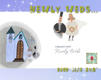 Wedding motif for your embroidery machine - Supercute and detailed 8x8" design with my raw edge appliqué Village Church and a lovely couple