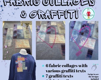 Graffiti Collage Embroidery Design Pack, 19 Machine Embroidery Designs, Hoop size 8x11, Fabric Collage, Visible Mending