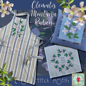 Kruissteekmotieven voor je borduurmachine - prachtige motieven met mijn handgetekende Clematis Montana en bladeren - van 4 x 4" tot 8 x 11"
