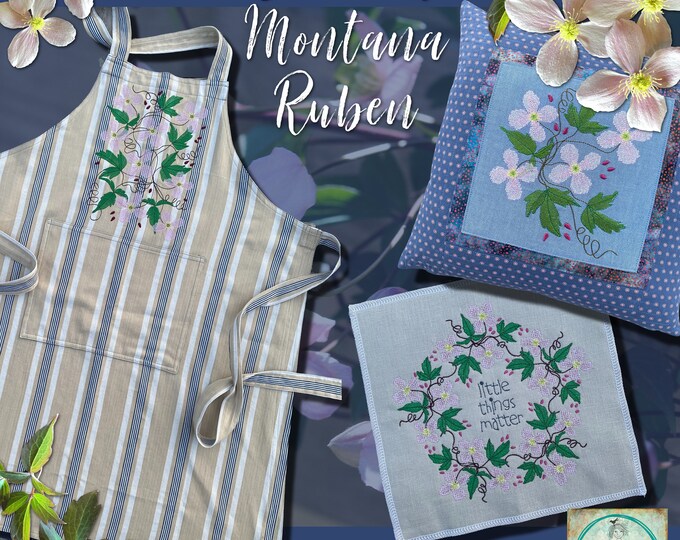 Cross Stitch Motifs for your embroidery machine - Beautiful motifs with my hand drawn Clematis Montana and leaves - from 4x4" to 8x11"
