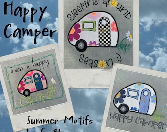 3 detailed hand drawn CAMPER motifs, Appliqué and Embroidery for Embroidery Machines, 2 designs for the 5 x 7" hoop + 1 for the 8 x 8" hoop