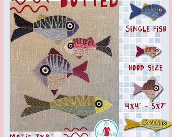 Dotted Fish Machine Embroidery Design Pack, Mediterranean Coastal Fish, 4 Single Fish and 7x8 Motif